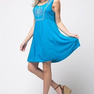 Teal tank dress with embroidered yoke